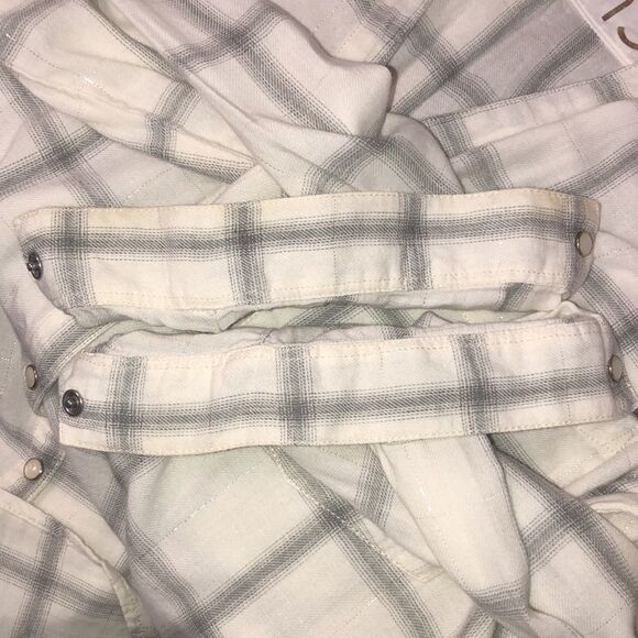 CK Jeans L Cotton White Gray Lurex Plaid Long Sleeve Snap Front Relaxed Shirt - Picture 15 of 15